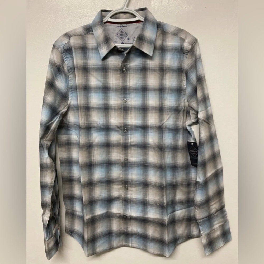 Mens Plaid Shirt Button Up Medium Adult Light Blue Grey White Light Weight NWT
